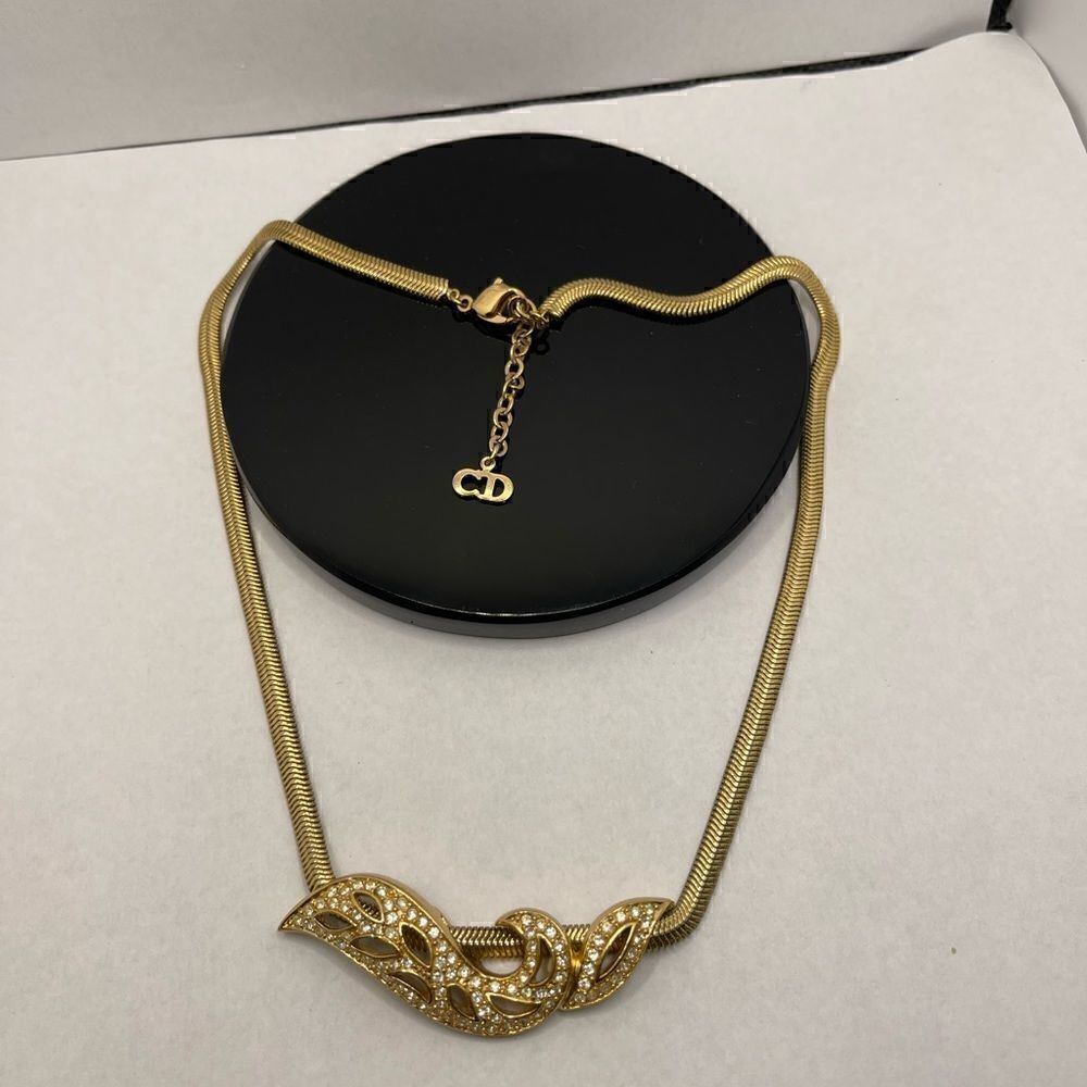 Real Christian Dior gold tone necklace rhinestone pendant